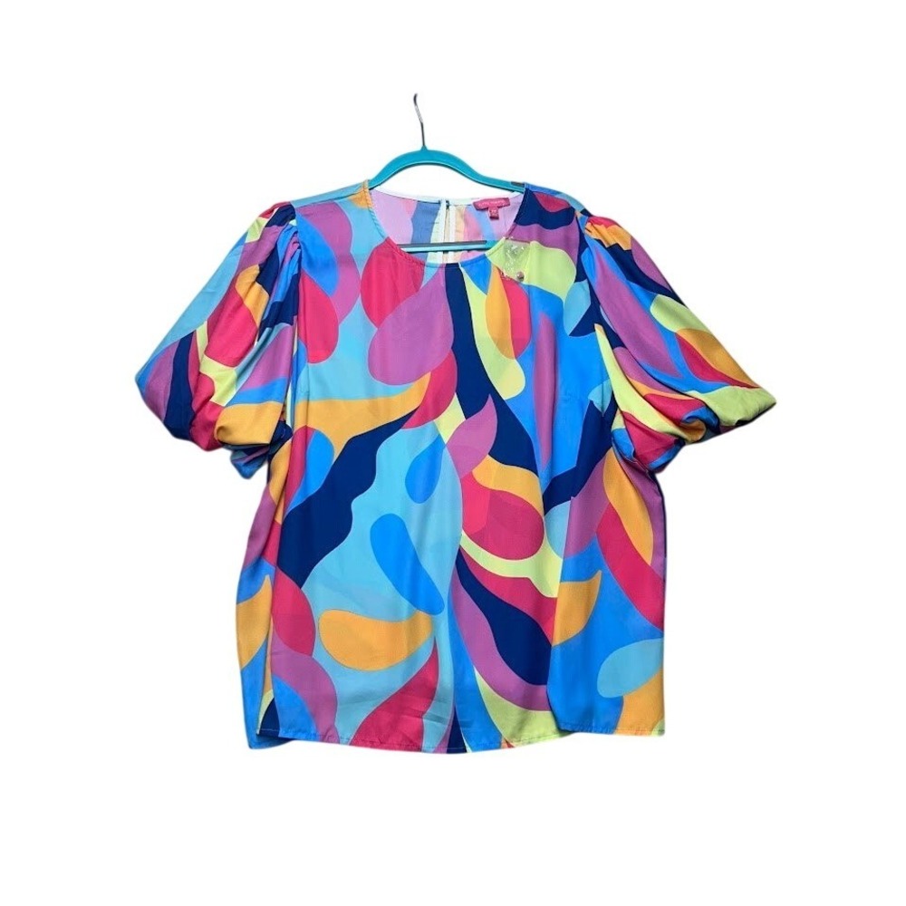Flying Tomato Womens 2X Abstract Swirl Puff Sleeve Blouse Multi-Color